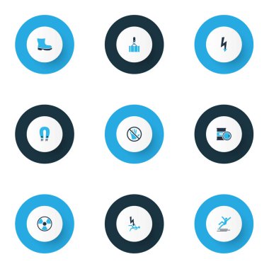 Renkli simgeler kümesi genel gider vinç ile imzalamak, koruma, kimyasal depolama ve diğer botlar öğeleri ayak. İzole vektör illüstrasyon işareti simgeleri.