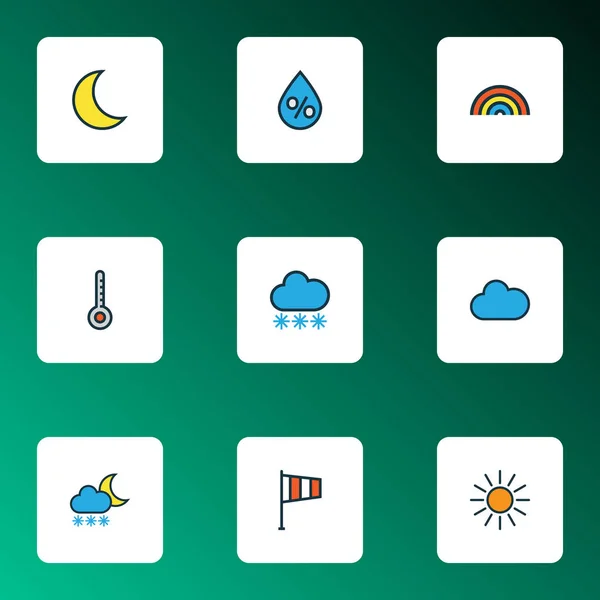 Weather icons colored line set with lunar, clouded, wind vane and other sunshine elements. Isolated vector illustration weather icons. — Stock Vector