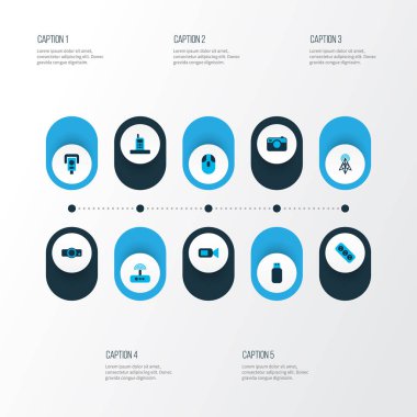 Gadget'ı simgeler kümesi ile video kamera, projektör, fotoğraf makinesi ve diğer yönlendirici öğeleri renkli. İzole illüstrasyon gadget simgeler.