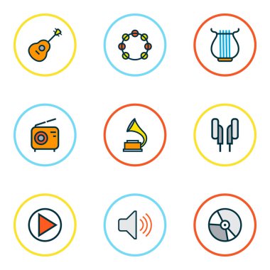 Ses simgeler timbrel, earphones, dizeleri ve diğer küme öğeleri ile Ayarla satır renkte. İzole illüstrasyon ses simgeler.