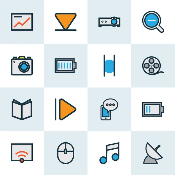 Mediensymbole farbige Linienführung mit niedrigem Akku, Musik, Pause und anderen mobilen Inhaltselementen. Ikonen der Illustration. — Stockfoto