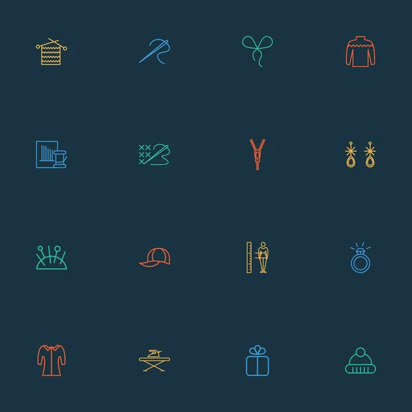 Stil-Symbole Linie Stil-Set mit Nadel, Kappe, Kreuzstich und anderen Verschlusselementen. Ikonen des Illustrationsstils. — Stockfoto