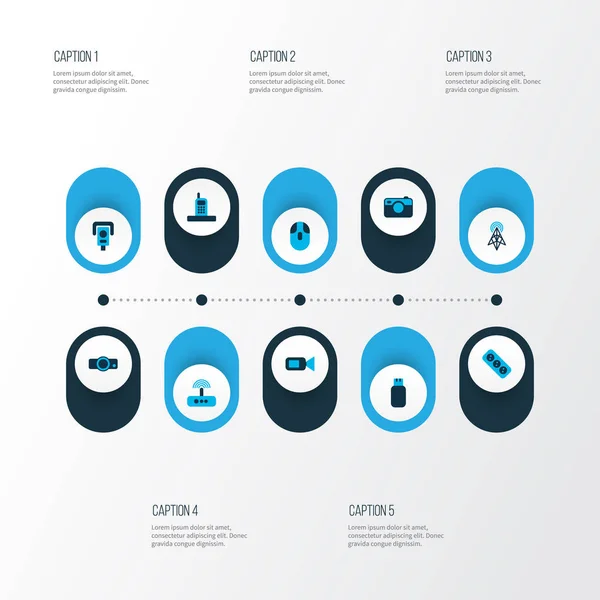 用摄像机、投影仪、照相机和其他路由器元素设置的小工具图标。独立的插图小工具图标. — 图库照片