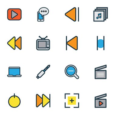 Satır kümesi dizüstü bilgisayar ile geri sarma, vınlamak dışarı renkli müzik simgeleri ve diğer öğeleri ilet. İzole vektör illüstrasyon müzik simgeleri.