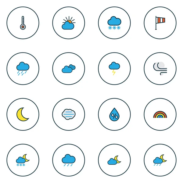 Ícones meteorológicos linha colorida definida com por cento, dia nublado, grau e outros elementos escala. Isolado vetor ilustração ícones meteorológicos . —  Vetores de Stock