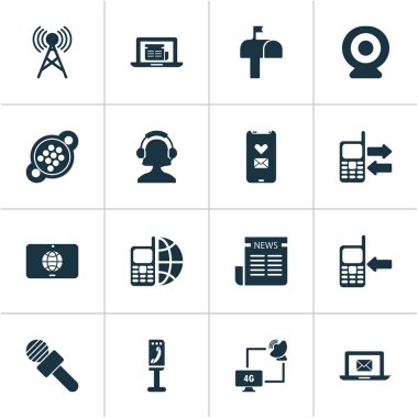 IP kamera, gazete, telefon ve diğer web elemanları ile telekomünikasyon Icons set. İzole vektör çizim telekomünikasyon simgeler.