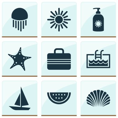 Deniz yıldızı, deniz hayvanı kabuğu, Güneş ve diğer Bagaj öğeleri ile sezon Icons set. İzole vektör çizim sezon simgeler.