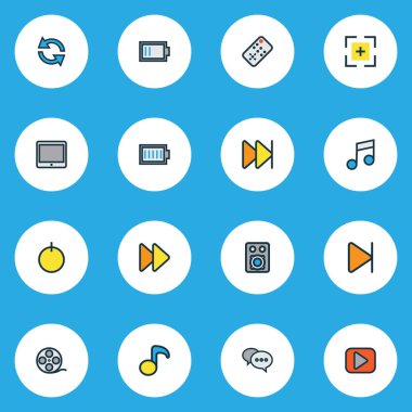 Medya Simgeler hızlı ileri, başlatma, eşitleme ve diğer müzik notu öğeleri ayarlama satır renkli. İzole vektör çizim medya simgeler.