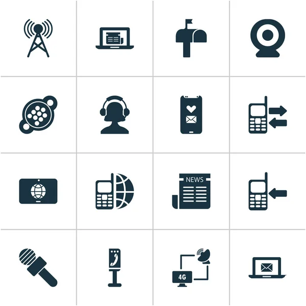 Иконки телекоммуникаций с ip камерой, газетой, телефоном и другими веб-элементами. Изолированные векторные иконки телекоммуникаций . — стоковый вектор