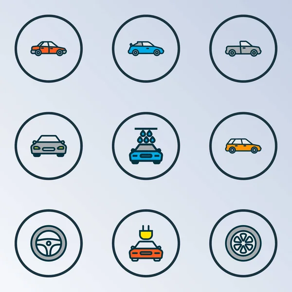 Auto icone colorate linea impostata con station wagon, berlina, Tesla e altri elementi auto. Isolato vettoriale illustrazione icone auto . — Vettoriale Stock