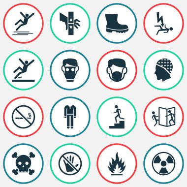 Solunum ile ayarla Emanet simgeleri dikkat et kapı, elektrik çarpması tehlikesi ve diğer savunma öğeleri açma. İzole illüstrasyon Emanet simgeler.