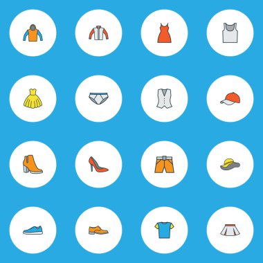 Elbise simgeler mini, panama, şapka ve diğer kadın botları öğeleri ile Ayarla satır renkte. İzole illüstrasyon elbise simgeler.