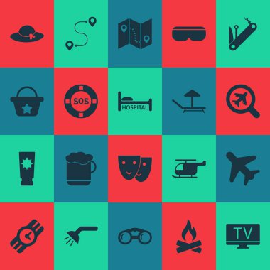 Helikopter, maske, şapka ve diğer saat öğeleri ile ayarlamak simgeleri seyahat. İzole illüstrasyon seyahat simgeler.