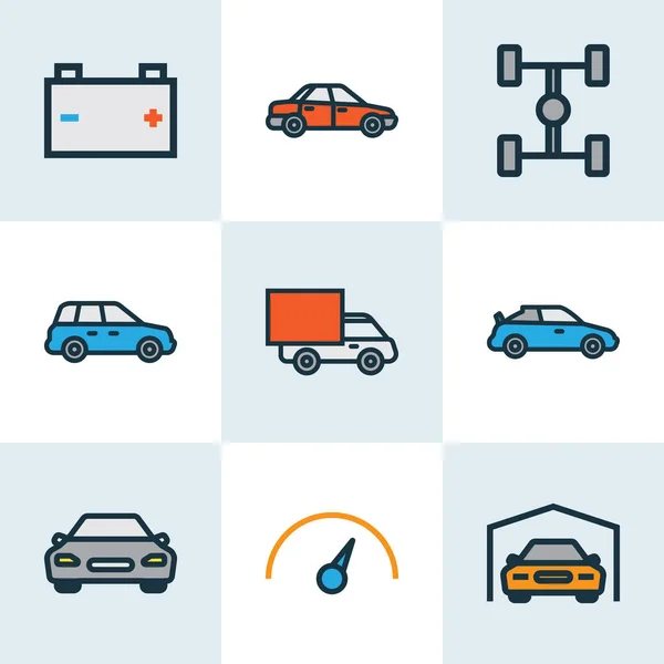 Automobil-Symbole farbige Linienführung mit Tacho, Sport, Garage und anderen Geschwindigkeitselementen. isolierte Illustration Automobil-Ikonen. — Stockfoto