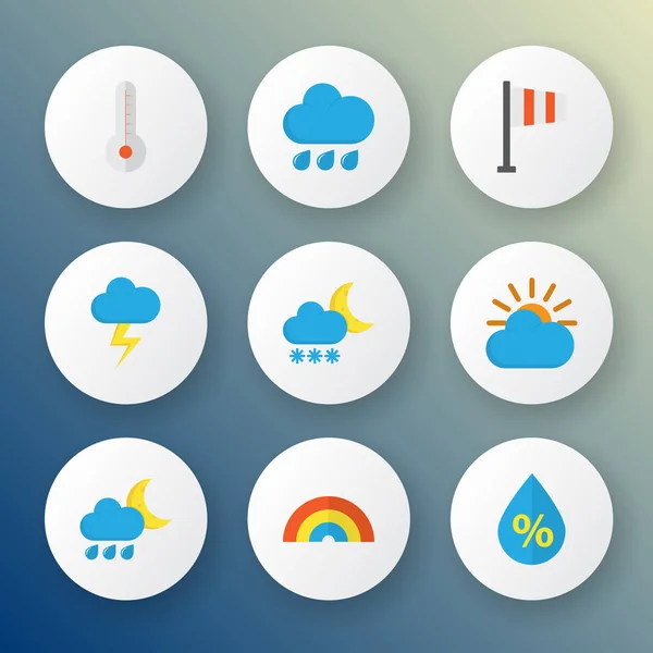 Εικονίδια καιρού επίπεδη στυλ σετ με βροχερό, ντους, τον παγετό και άλλο τόξο στοιχεία. Απομονωμένη εικονογράφηση εικονίδια καιρού. — Φωτογραφία Αρχείου