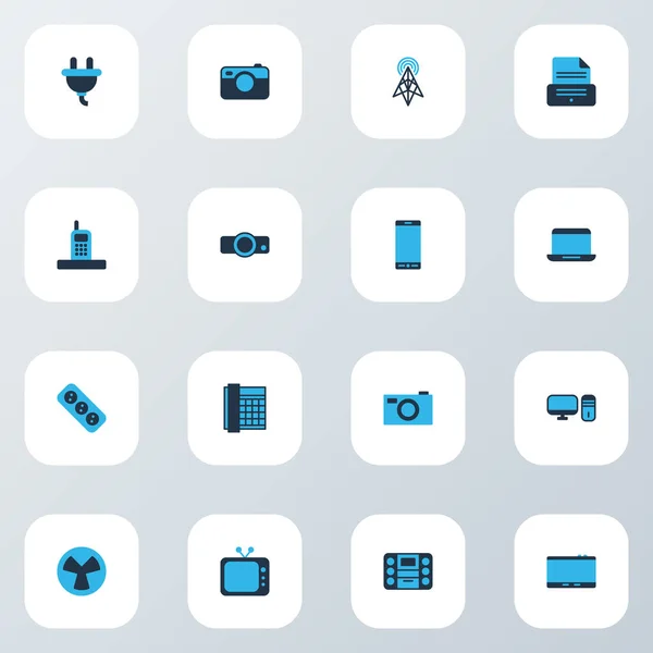 Conjunto de iconos de gadget de colores con zócalo, impresora, PC y otros elementos más fríos. Iconos de gadget de ilustración aislados . —  Fotos de Stock
