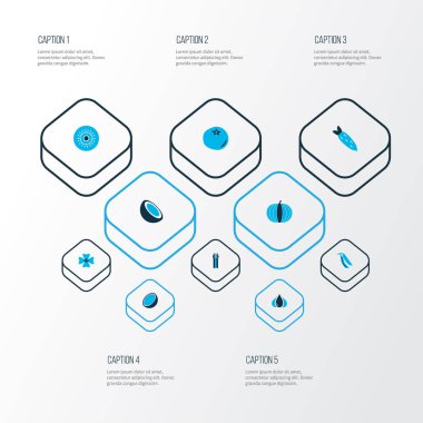 Sebze simgeler kümesi sarımsak, kuşkonmaz, kivi ve diğer shamrock öğeleri ile renkli. İzole vektör çizim sebze simgeler.