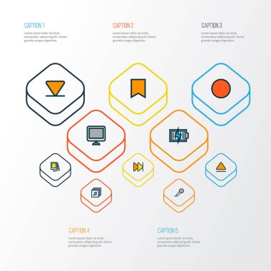 Multimedya simgeler renkli çizgi ekran şarj, albümleri ve diğer alt öğeleri, ayarlayın. İzole vektör çizim multimedya simgeler.