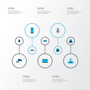 Aygıt simgelerini usb tak, telefon, modem ve diğer iletişim kulesi öğeleri ile set renkli. İzole vektör çizim Aygıt simgeleri.