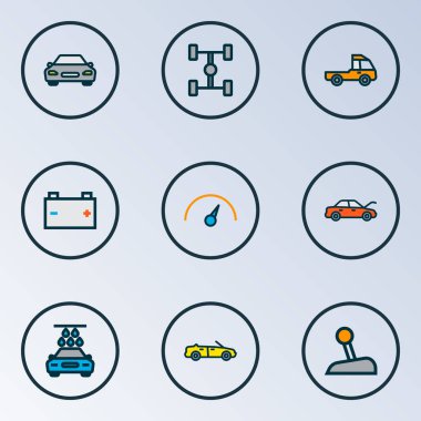 Otomobil simgeler hız göstergesi, ana yol verici, dingil mesafesi ve otomobil diğer öğeleri ile Ayarla satır renkte. İzole vektör çizim otomobil simgeler.