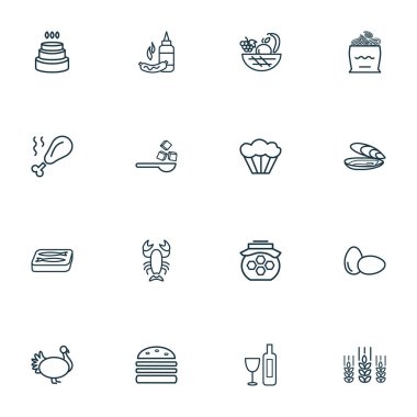 Beslenme simgeler stil Türkiye, istiridye, şeker ve diğer tahıl öğeleri kümesi satır. İzole vektör çizim beslenme simgeler.