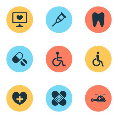 Tıp simgeler helikopter, tanılama, diş ve diğer tanı öğeleri ile ayarlayın. İzole vektör çizim tıp simgeler.