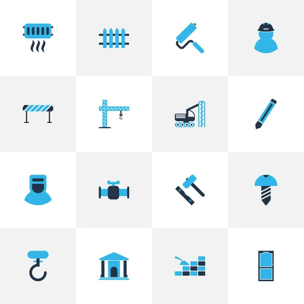 Conjunto de iconos de construcción de color con soldador, puerta, biblioteca y otros elementos de perno. Iconos de construcción de ilustración vectorial aislado . — Vector de stock