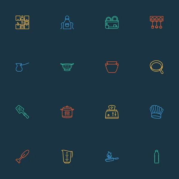 Iconos de cocina conjunto de estilo de línea con espátula barbacoa, cocina, delantal y otros elementos ibrik. Iconos de cocina de ilustración vectorial aislado . — Archivo Imágenes Vectoriales