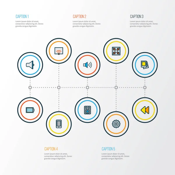 멀티미디어 아이콘 라인 충전, 갤러리, 되감기와 다른 핸드폰 요소 설정 색. 고립 된 그림 멀티미디어 아이콘. — 스톡 사진