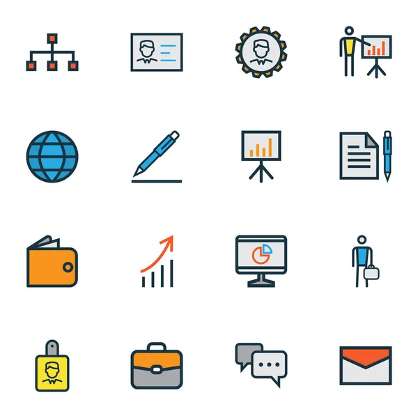 Handel ikoner färgad linje med kontanter, penna, finansiell data och andra arbetare element. Isolerade illustration handel ikoner. — Stockfoto