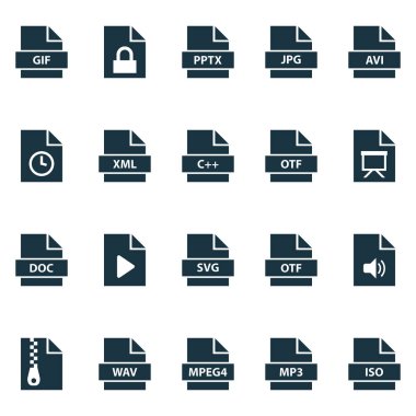 Veri, komut dosyası, metin ve diğer zamanlayıcı öğeleri türleri Icons set. İzole vektör çizim simgeler türleri.