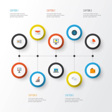Analytics, posta, sohbet ve diğer faturaları öğeleri ile düz stil kümesi simgeleri ticaret. İzole vektör çizim ticaret simgeler.