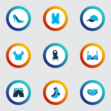 Giyim simgeler kümesi eşarp, çorap, topuk ayakkabı ve diğer boyun atkısı öğeleri ile renkli. İzole vektör çizim giyim simgeler.