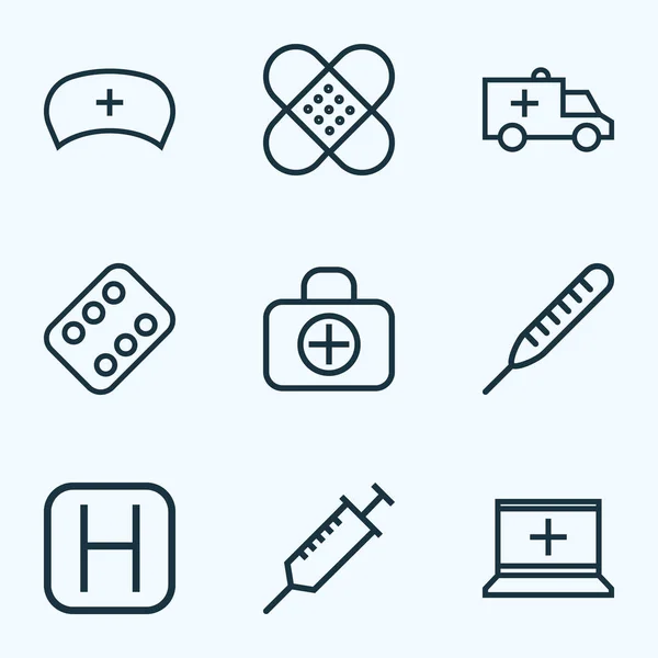 Icone farmaco stile linea impostato con patch, vitamina, temperatura e altri elementi in gesso. Isolate icone di droga illustrazione vettoriale . — Vettoriale Stock