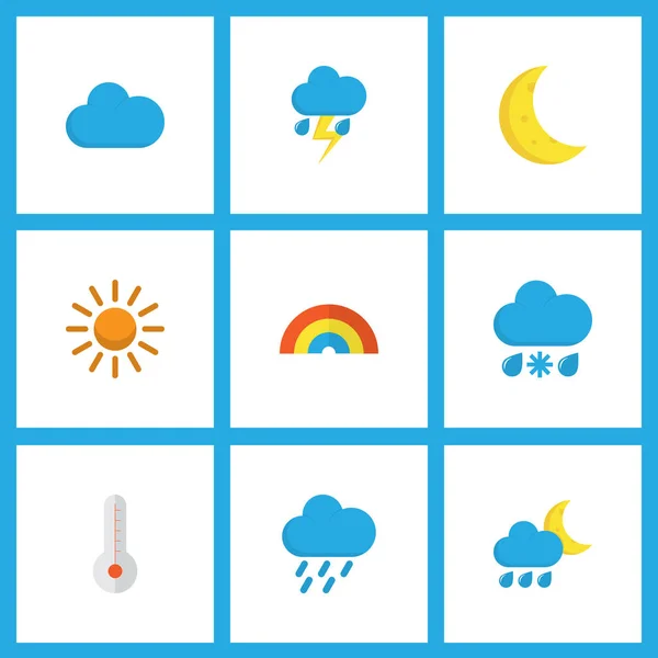 Klimatu ikony, plochý sada s kroupy, déšť a sníh, sprchu a další prvky teploty. Izolované vektorové ilustrace klimatu ikony. — Stockový vektor