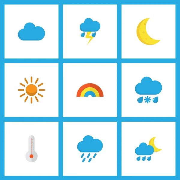 Iconos del clima conjunto de estilo plano con granizo, nieve de lluvia, ducha y otros elementos de temperatura. Iconos de clima de ilustración vectorial aislado . — Archivo Imágenes Vectoriales