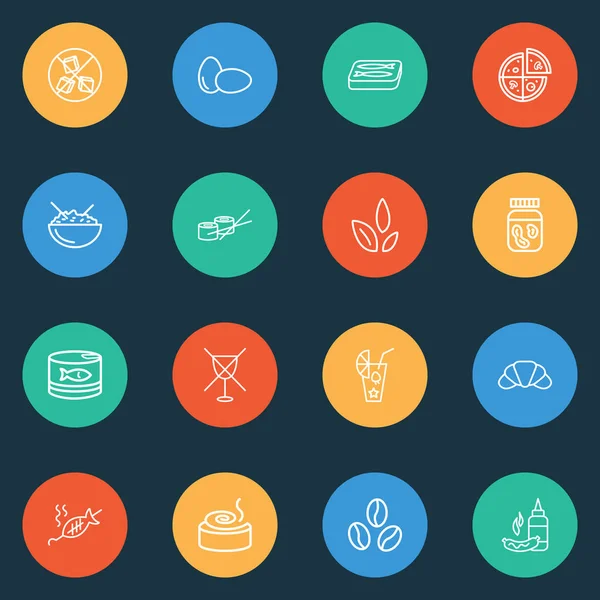 Simgeler çizgi stili ile alkol ayarla yeme, ton balığı olabilir, tarçın rulo ve diğer yaprakları öğeleri. Simgeler yeme izole vektör çizim.