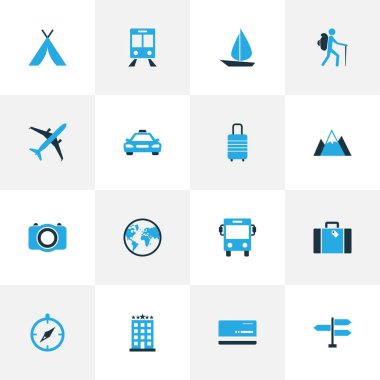 Keşif Icons renkli set kamera ile bina, taksi ve diğer otel öğeleri beş yıldızlı. İzole vektör illüstrasyon keşif simgeler.