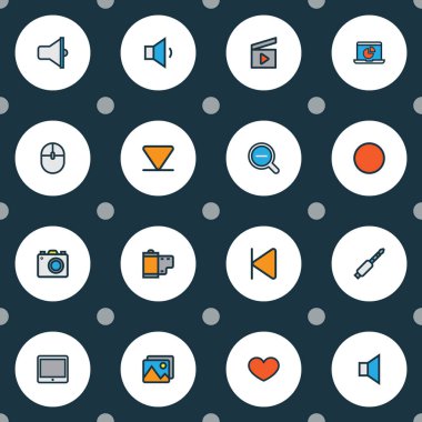 Müzik simgeleri renkli çizgi jack, favori, monitör ve diğer denetim aygıtı öğeleri ayarlayın. İzole vektör illüstrasyon müzik simgeleri.