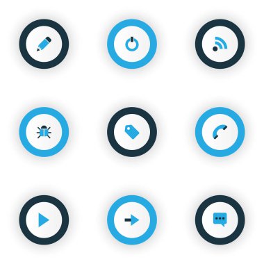 Kullanıcı simgeleri etiket, düzenleme, çağrı ve diğer rozet öğeleri ile set renkli. İzole vektör çizim Kullanıcı simgeleri.