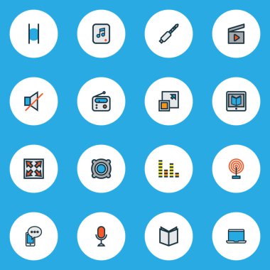 Medya simgeleri renkli çizgi ile ayarla genişletmek, ders kitabı, çoklu ortam ve diğer öğrenme öğeleri. İzole vektör çizim medya simgeler.