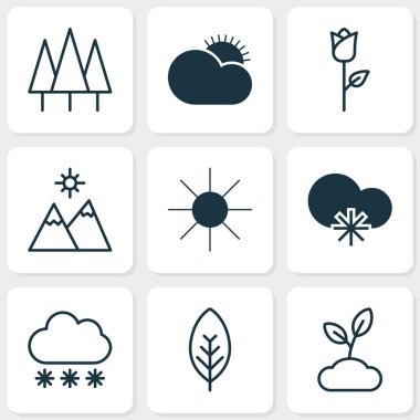 Dünya simgeleri filiz, yeşillik, Güneş ve diğer soğuk iklim elemanları ile ayarlayın. İzole vektör çizim dünya simgeleri.