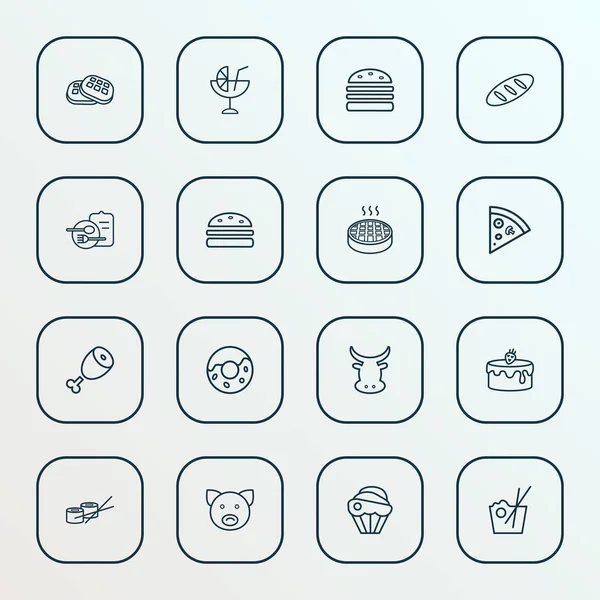 Food Icons Linie Stil-Set mit Burger, Donut, Pizza-Scheibe und anderen Schweinefleisch-Elementen. isolierte Vektorabbildung Lebensmittel-Symbole. — Stockvektor