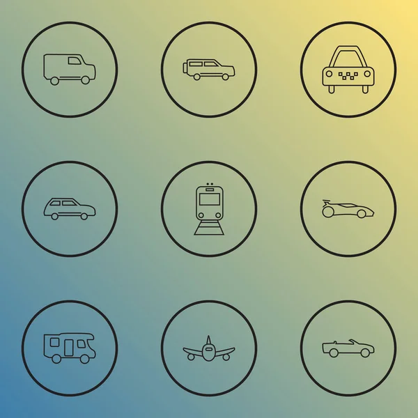 Fahrzeug-Symbole Linie Stil-Set mit Taxi, Stadtauto, Flugzeug und anderen Fahrerhaus-Elementen. isolierte Vektor Illustration Fahrzeug Symbole. — Stockvektor