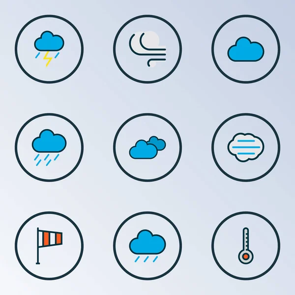 Időjárás ikonok színes be, felhős napon, felhőszakadás, vihar elborult, és egyéb elemek. Elszigetelt vektoros illusztráció Időjárás ikonok. — Stock Vector