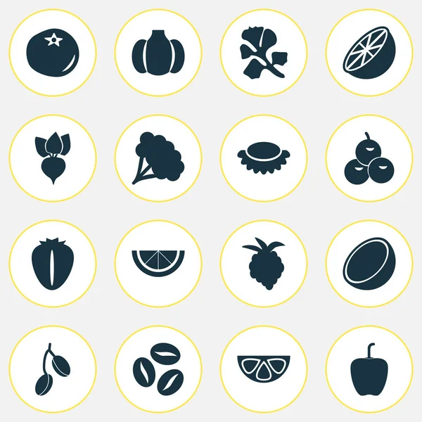 Iconos de alimentos con aceitunas, cacahuete, raíz y otros elementos de pimienta bulgara. Iconos de alimentos de ilustración vectorial aislado . — Archivo Imágenes Vectoriales