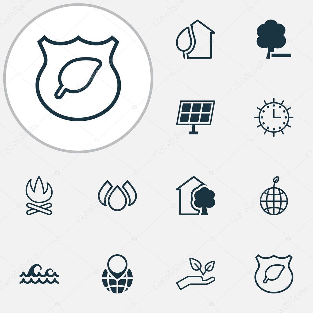 Eco-friendly icons set with protect nature, campfire, water stream and other house elements. Isolated vector illustration eco-friendly icons.