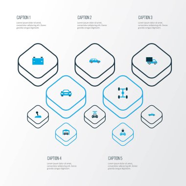 Otomatik simgeler kümesi tamir, hatchback ve diğer araç yıkama elemanları akümülatör ile renkli. İzole illüstrasyon otomatik simgeler.