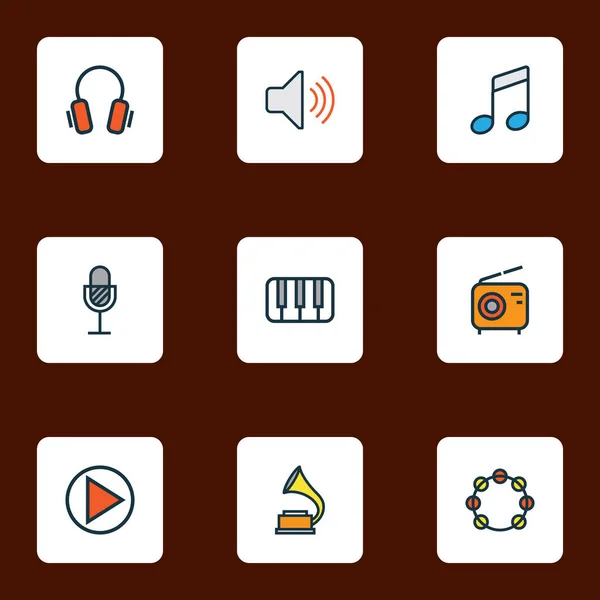 Icone audio linea colorata con timbrel, pianoforte, cuffie e altri elementi amplificatori. Isolate icone audio illustrazione . — Foto Stock