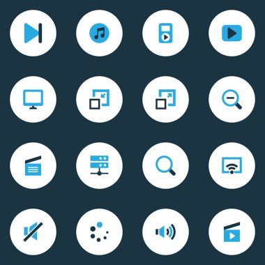 Medya Icons Set ile renkli medya sunucusu, zoom, ses ve diğer öğeleri bitirmek. İzole vektör çizim medya simgeler.